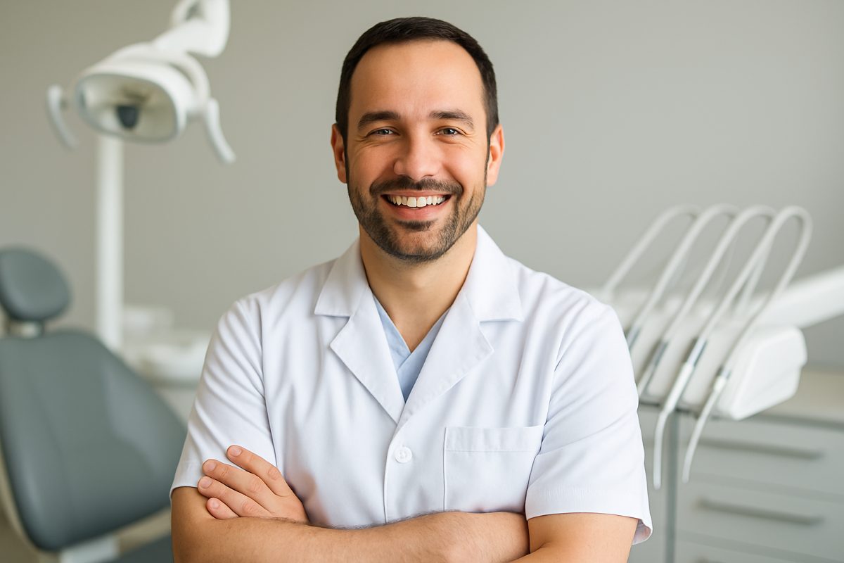 A friendly dentist is consulting with a patient, pointing to a digital scan of their mouth on a screen, illustrating restorative treatment options. No text on image.