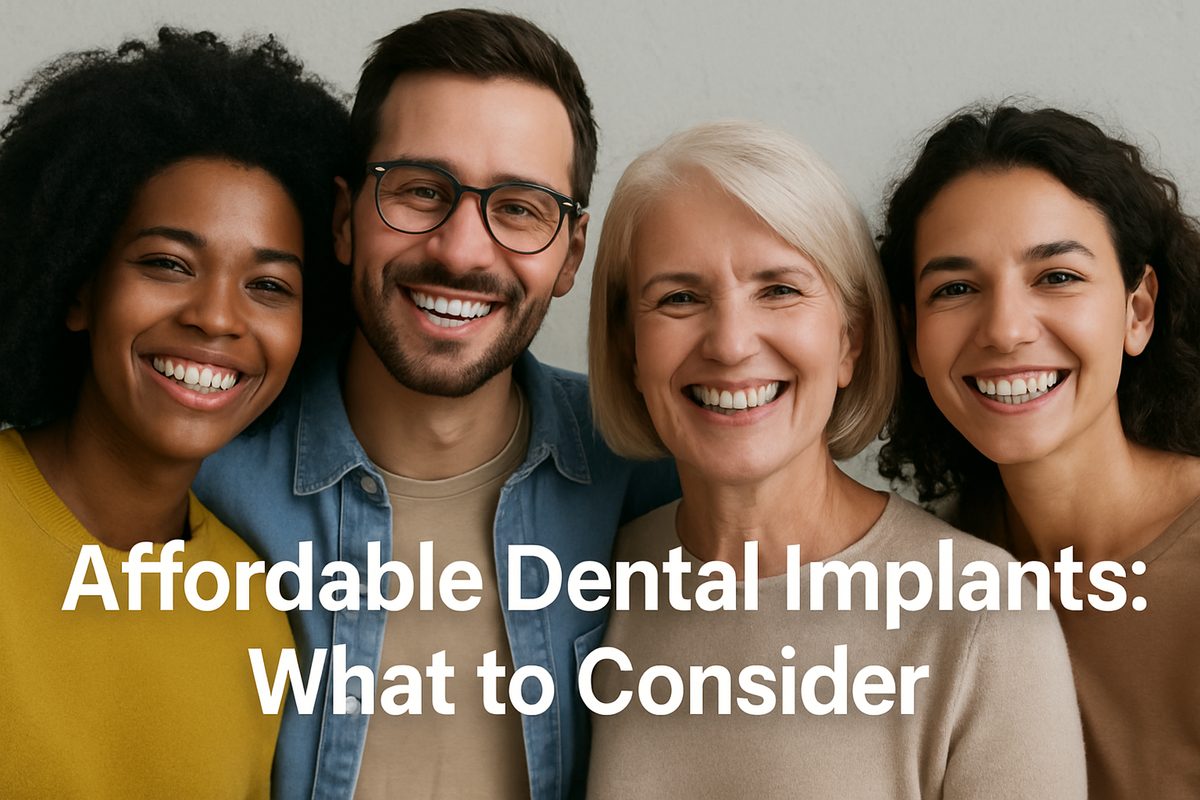 Photo of a diverse group of people smiling, with subtle dental implant visualizations on some of their teeth. The text overlay says "Affordable Dental Implants: What to Consider".