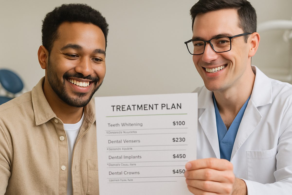 A person is happily reviewing a detailed and itemized treatment and pricing plan for various cosmetic dentistry procedures with their dentist. The pricing plan is clearly visible and easy to understand. No text on image.