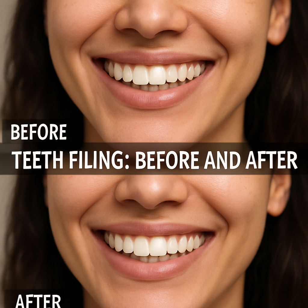Photo of a person smiling, with a close up of their teeth before filing and after filing. The after filing teeth should be more even and smooth. Text on the image says "Teeth Filing: Before and After"