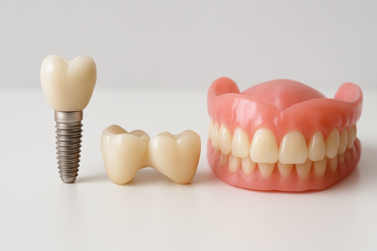 Photo depicting various tooth replacement options, including a dental implant, bridge, and full dentures, arranged side-by-side for comparison. No text on the image.