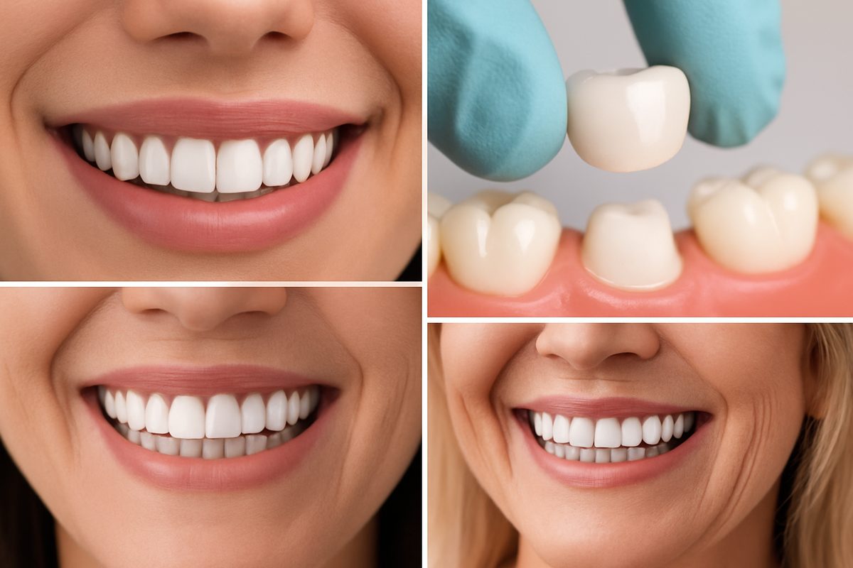 Collage of different types of dental coverings: veneers showing a perfect smile, a dental crown being placed on a molar, and a full set of implant-supported dentures, all on smiling patients. No text.