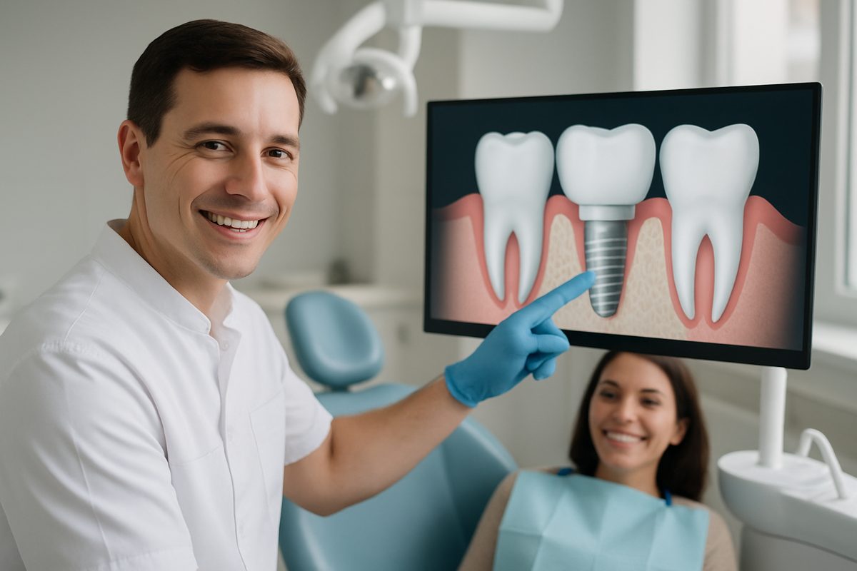 Photo of a dentist smiling while pointing to a dental implant diagram on a screen with a happy patient in the background. No text on image.