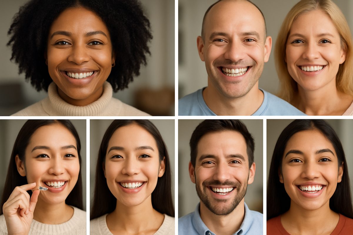 A diverse group of smiling patients are showing off their before and after transformations with cosmetic dentistry. The images highlight various treatments such as teeth whitening, veneers, and clear aligners. No text on the image.