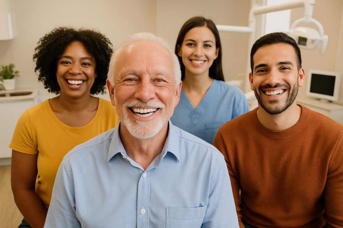A vibrant, welcoming dental office setting featuring a diverse group of people happily showcasing their smiles after receiving "implants dentals". No text on the image.