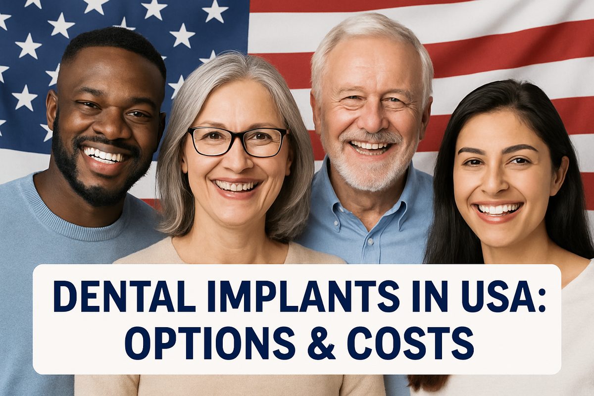 A diverse group of patients smiles confidently, showcasing various dental implant solutions. Include a subtle USA flag in the background and text that reads "Dental Implants in USA: Options & Costs".
