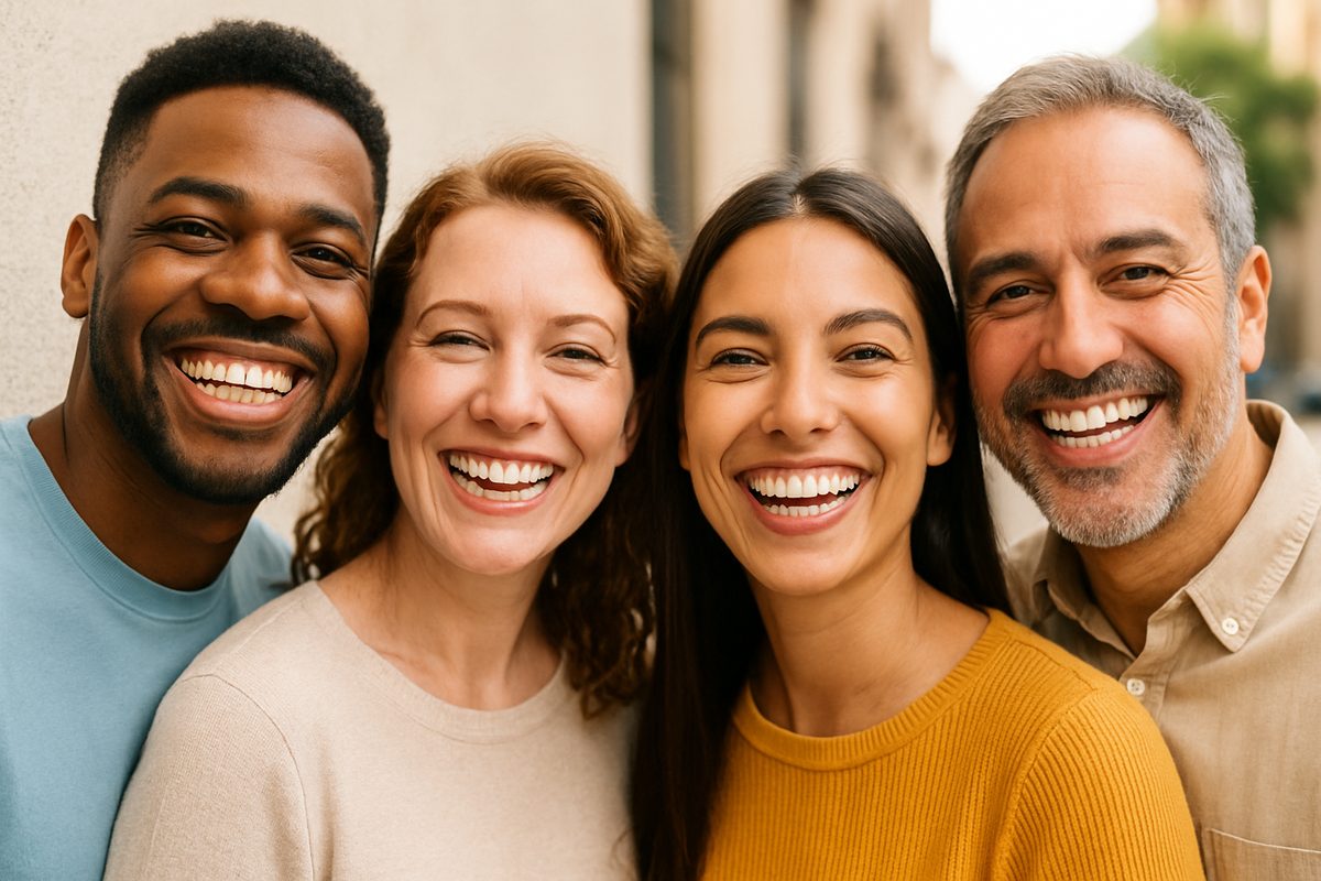 A diverse group of people happily showing off their smiles after receiving "teeth work". No text on the image.