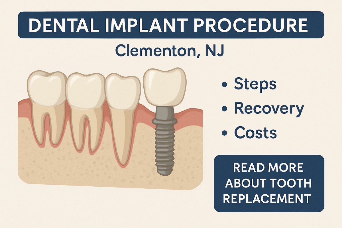 A diagram displays three natural teeth and one dental implant in a jaw. Text reads: “Dental Implant Procedure, Clementon, NJ. Steps, Recovery, Costs. Read more about tooth replacement.