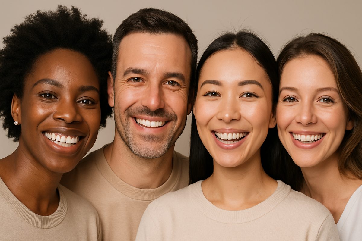 Photo showcasing a diverse group of people smiling, highlighting various teeth fixing solutions such as implants, veneers, and clear aligners. No text on image.