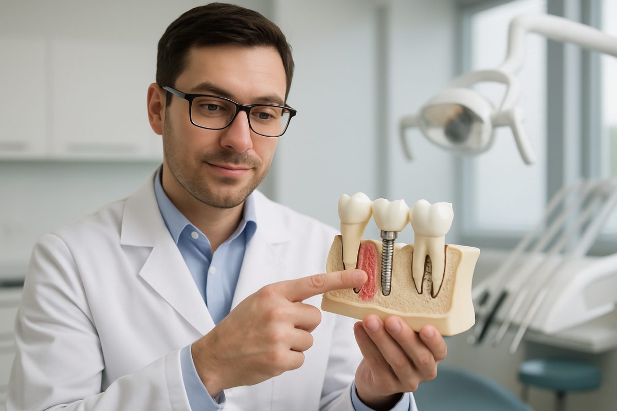 A dentist is pointing to a 3D model of a patient's jaw, highlighting the area where a "bone graft for dental implants" is needed, with a modern dental office in the background. No text on image.