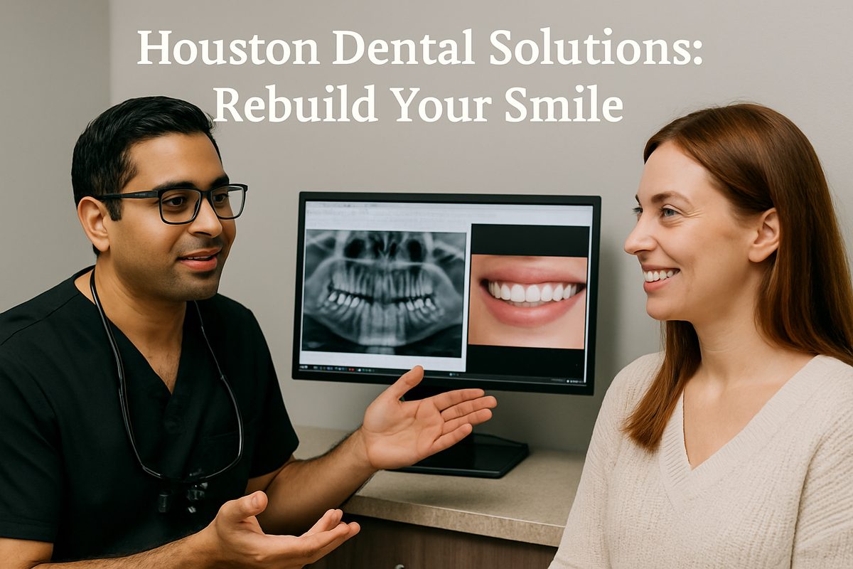 An image depicting a dentist in Houston, TX consulting with a patient, reviewing X-rays and discussing smile makeover options like implants and veneers. The text on the image should say "Houston Dental Solutions: Rebuild Your Smile".