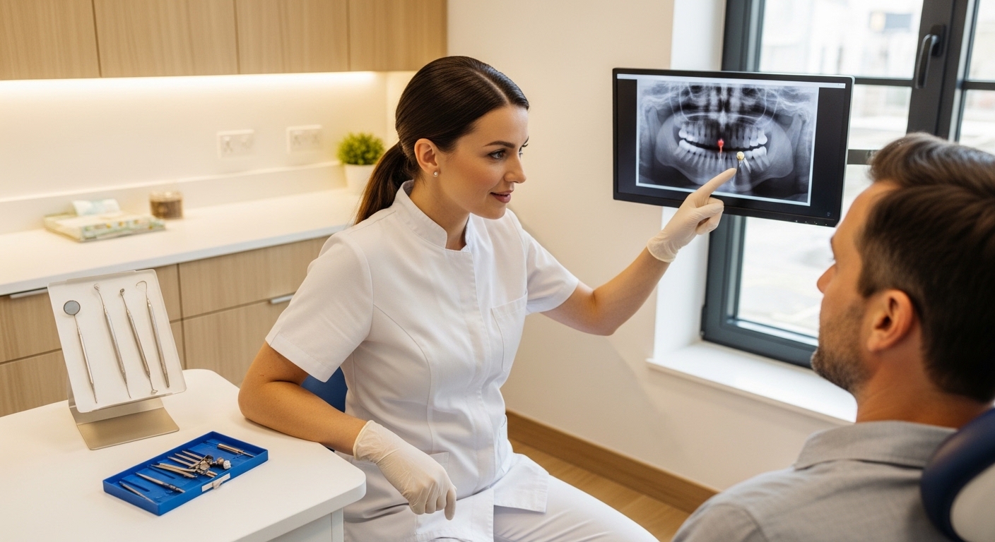 Dentist consulting with a patient in a professional dental office.
