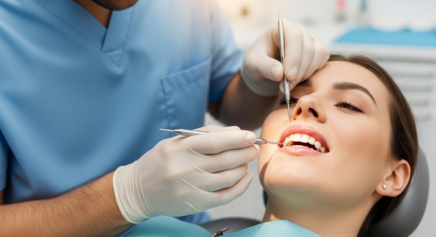 A dentist examining a patient's gums in a modern dental office