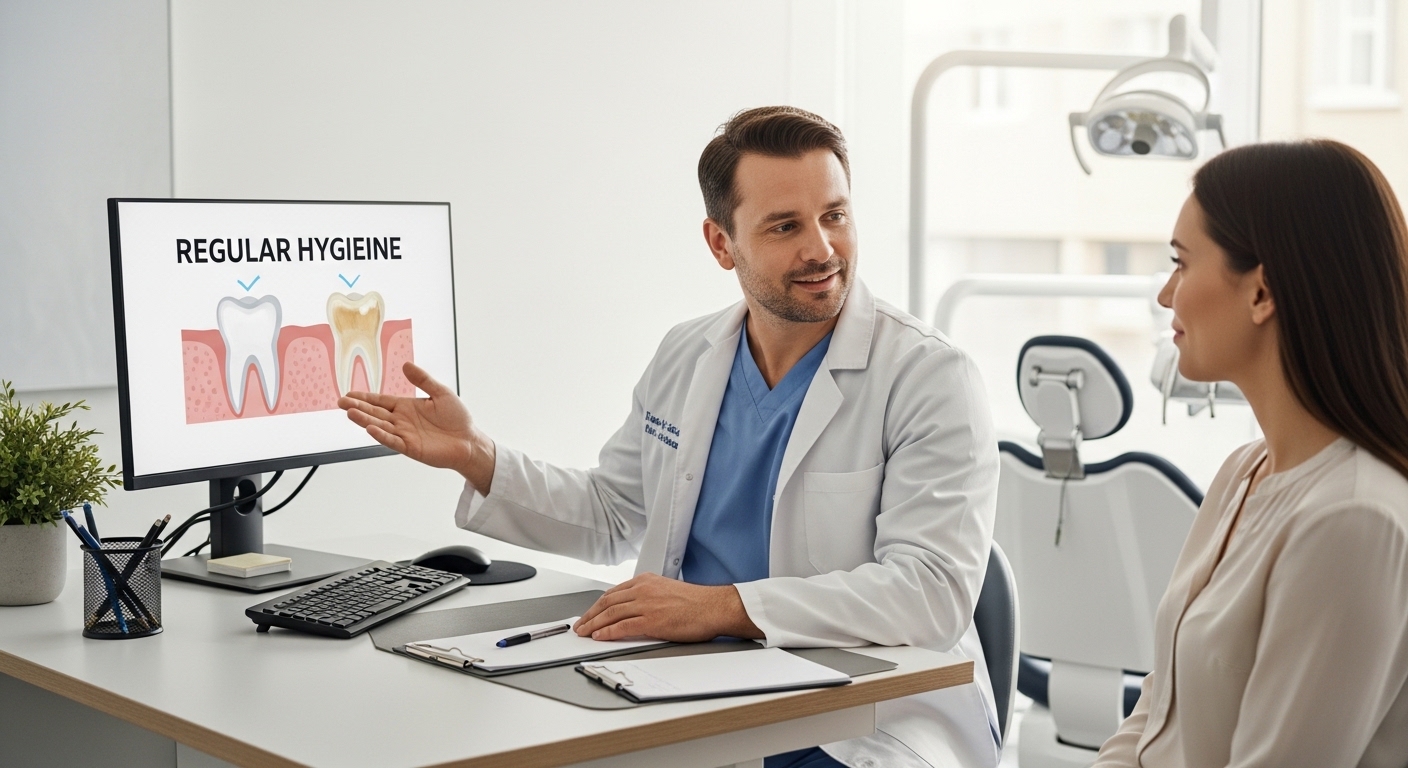Dentist and patient discussing treatment plan in modern dental office