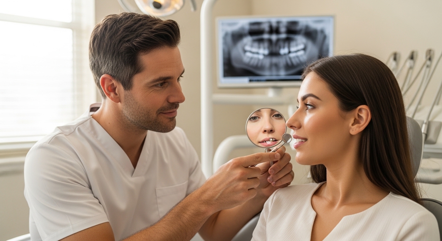 Dentist consulting a patient about chipped tooth repair options in a modern dental clinic.