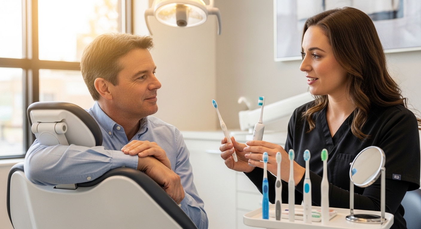 Patient consulting with dentist about toothbrush options