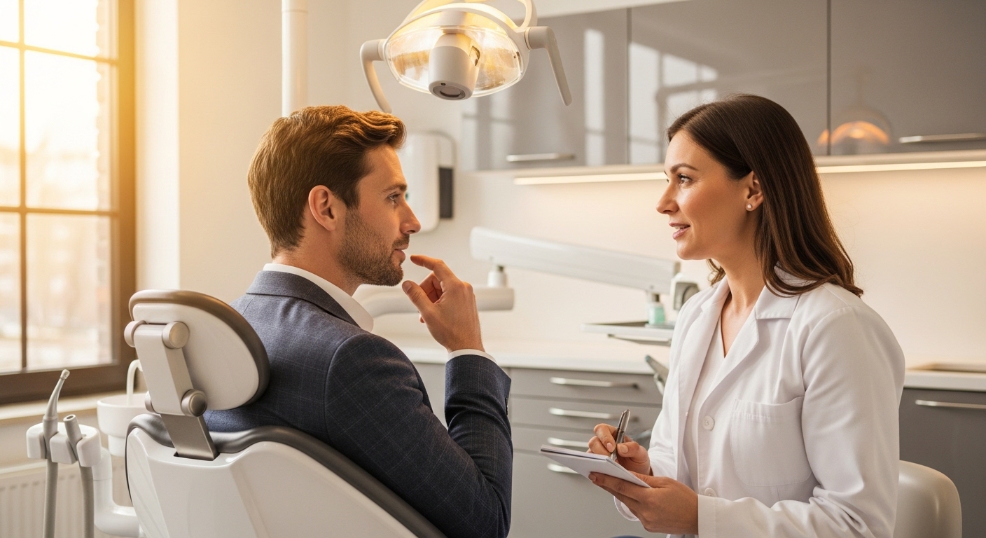 Patient consulting a dentist about bad breath in a modern dental office