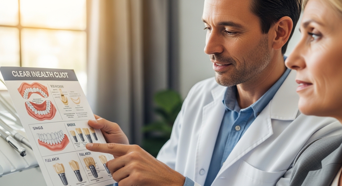 A dentist discussing dental implants with a patient in a modern dental office.