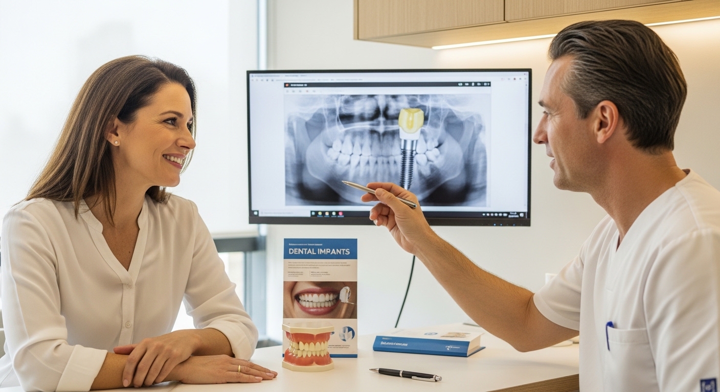 Patient discussing dental implant options with dentist in modern clinic.