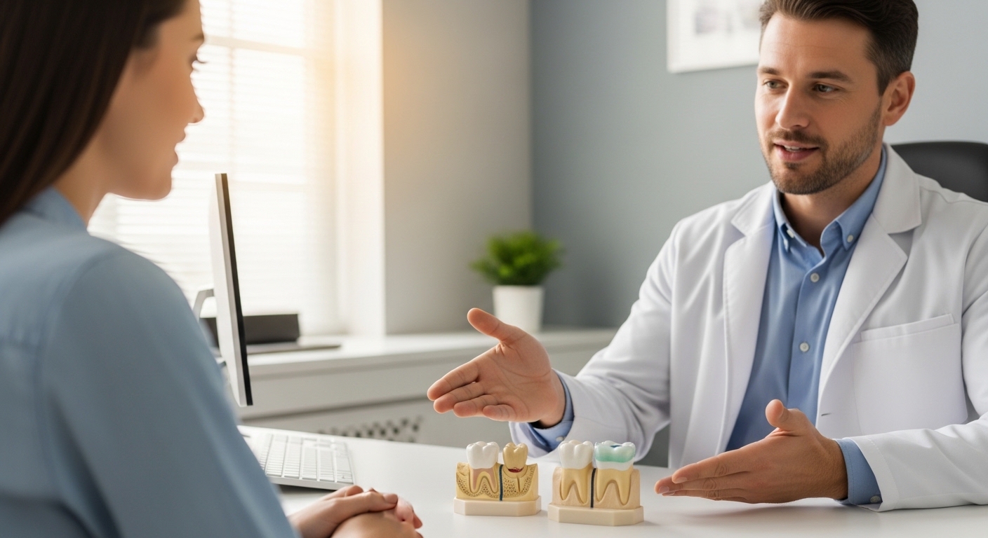 Dentist explaining crowns and veneers to a patient with dental models in an office setting