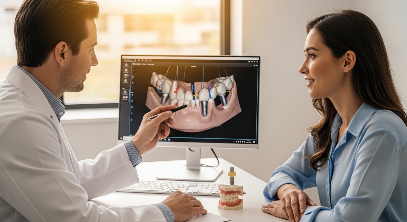 Patient consulting with an implantologist about dental implant options