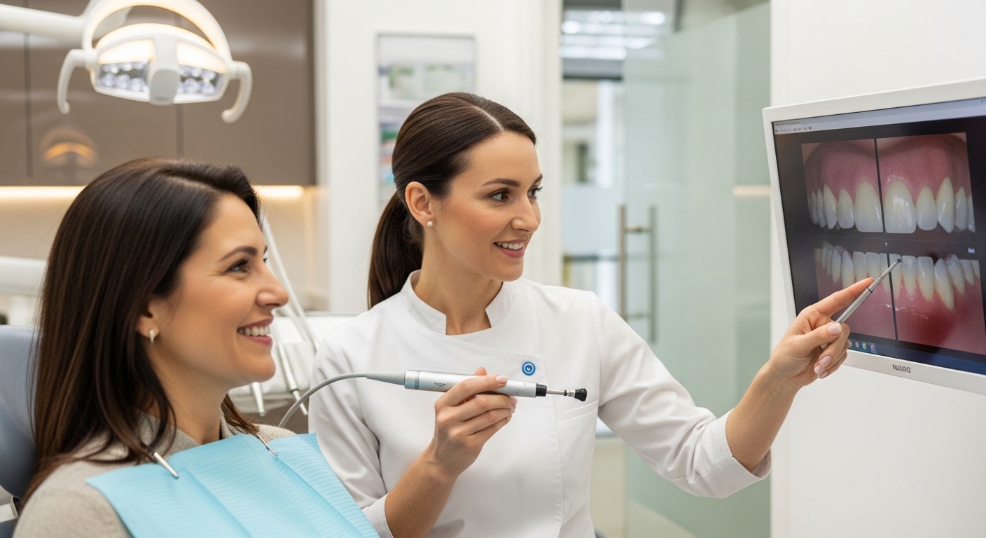 Dentist performing a checkup using advanced technology in a modern clinic.