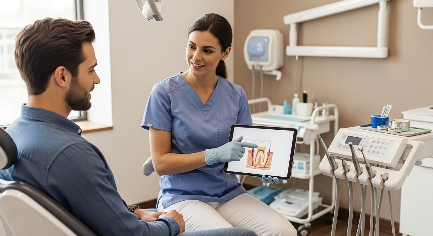 A dentist consulting a patient during their first appointment in a modern dental office.