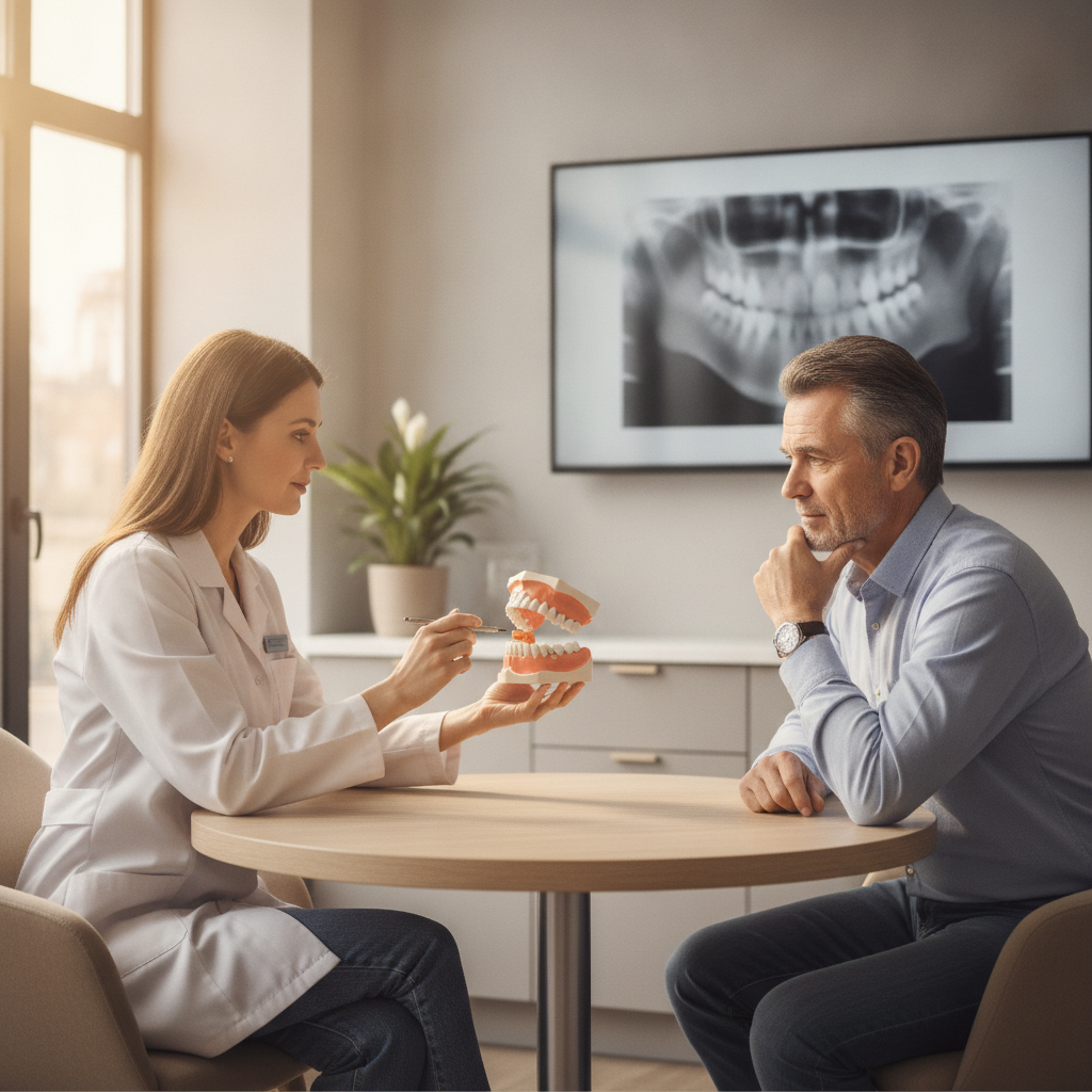 Dentist consulting with a patient in a professional dental setting
