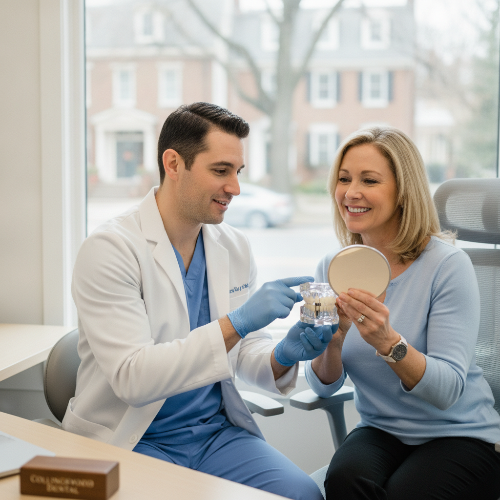 Dentist demonstrating a dental implant to a patient in a modern clinic setting.