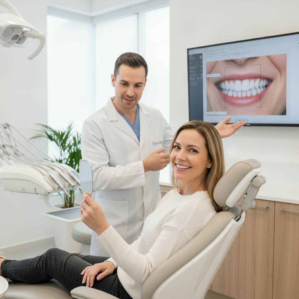 Patient consulting with dentist in modern dental office