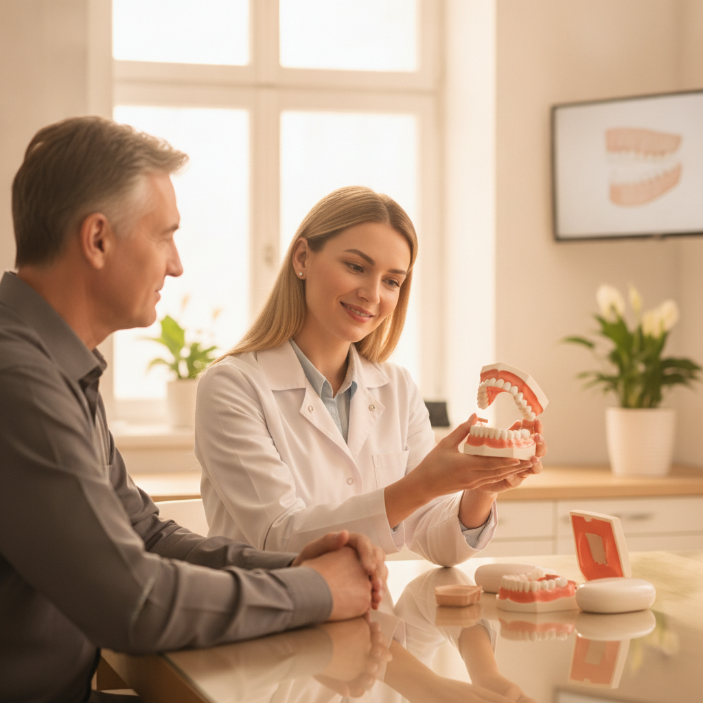 Dentist consulting with a patient about denture options in Clementon